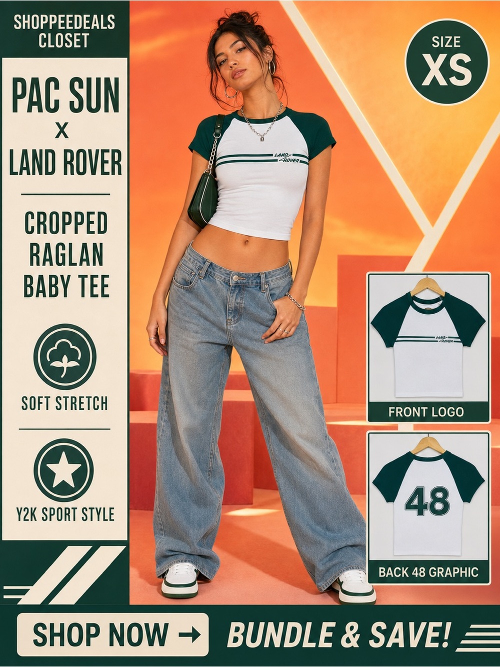 PacSun x Land Rover Cropped Raglan Baby Tee Green White Size XS